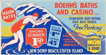 DESIGNERS UNKNOWN.  [NEW YORK CITY / SUMMER & SWIMMING.] Group of 4 subway cards. Each approximately 11½x21 inches, 29¼x53¼ cm.